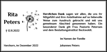 Traueranzeige von Rita Peters von Norddeutsche Rundschau