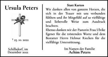 Traueranzeige von Ursula Peters von Holsteinischer Courier