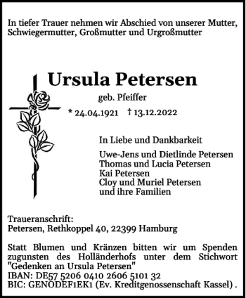 Traueranzeige von Ursula Petersen von Flensburger Tageblatt