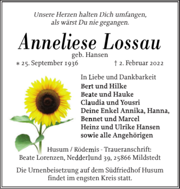 Traueranzeige von Anneliese Lossau von Husumer Nachrichten