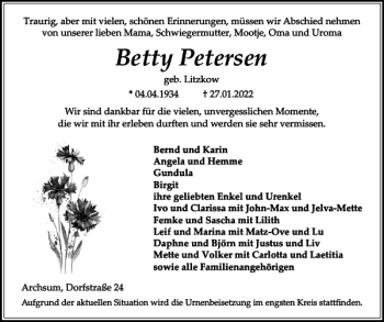 Traueranzeige von Betty Petersen von Sylter Rundschau