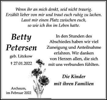 Traueranzeige von Betty Petersen von Sylter Rundschau