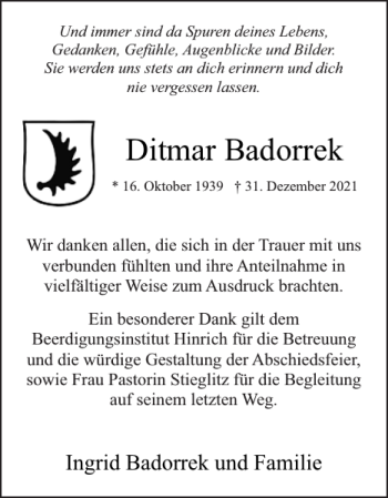 Traueranzeige von Ditmar Badorrek von Uetersener Nachrichten