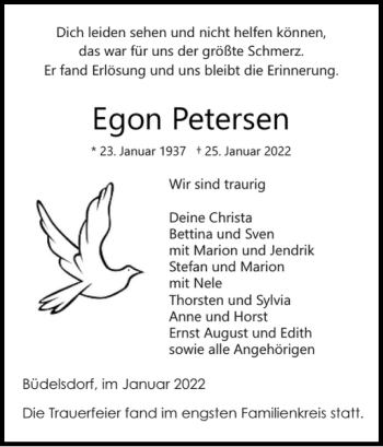 Traueranzeige von Egon Petersen von Landeszeitung