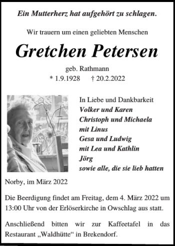 Traueranzeige von Gretchen Petersen von Landeszeitung