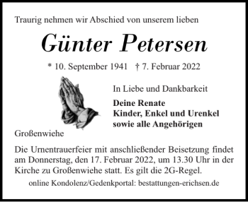 Traueranzeige von Günter Petersen von Flensburger Tageblatt