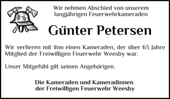 Traueranzeige von Günter Petersen von Flensburger Tageblatt