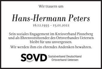 Traueranzeige von Hans-Hermann Peters von Uetersener Nachrichten