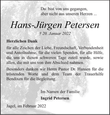 Traueranzeige von Hans-Jürgen Petersen von Schleswiger Nachrichten