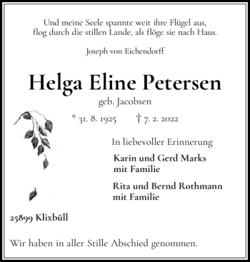 Traueranzeige von Helga Eline Petersen von Flensburger Tageblatt