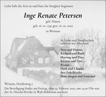 Traueranzeige von Inge Renate Petersen von Der Insel-Bote