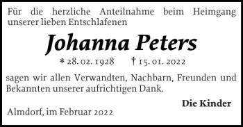 Traueranzeige von Johanna Peters von Husumer Nachrichten
