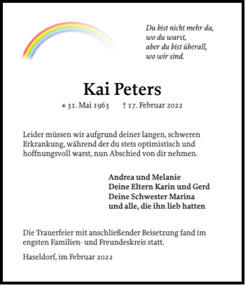 Traueranzeige von Kai Peters von Uetersener Nachrichten