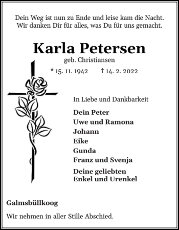 Traueranzeige von Karla Petersen von Nordfriesland Tageblatt