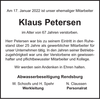 Traueranzeige von Klaus Petersen von Landeszeitung