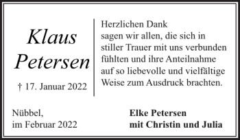 Traueranzeige von Klaus Petersen von Landeszeitung