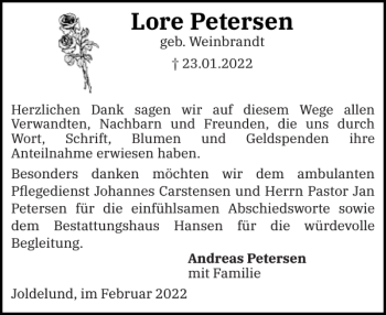 Traueranzeige von Lore Petersen von Husumer Nachrichten