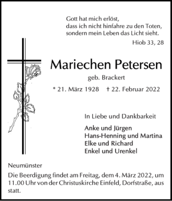 Traueranzeige von Mariechen Petersen von Holsteinischer Courier