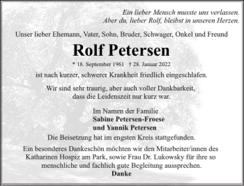 Traueranzeige von Rolf Petersen von Flensburger Tageblatt