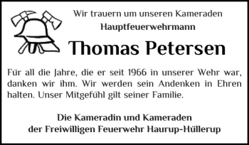 Traueranzeige von Thomas Petersen von Flensburger Tageblatt