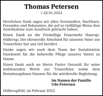 Traueranzeige von Thomas Petersen von Flensburger Tageblatt