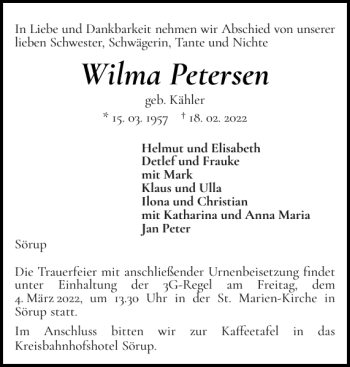 Traueranzeige von Wilma Petersen von Flensburger Tageblatt