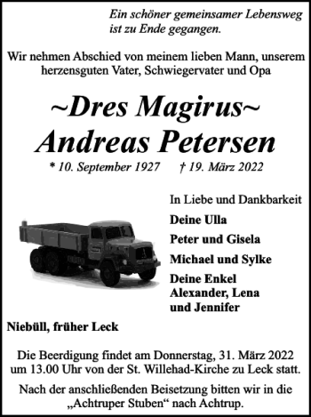 Traueranzeige von Andreas Petersen von Nordfriesland Tageblatt