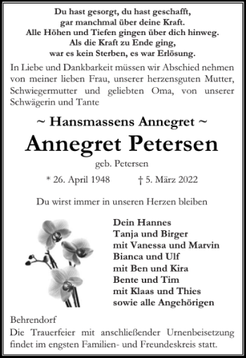 Traueranzeige von Annegret Petersen von Husumer Nachrichten