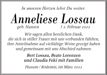 Traueranzeige von Anneliese Lossau von Husumer Nachrichten