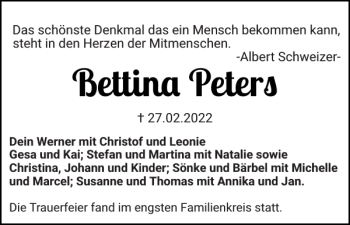 Traueranzeige von Bettina Peters von Norddeutsche Rundschau
