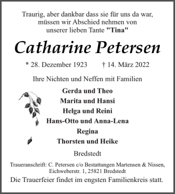 Traueranzeige von Catharine Petersen von Husumer Nachrichten