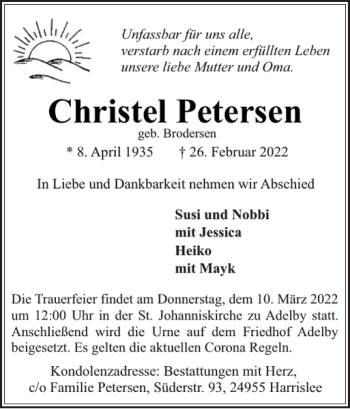 Traueranzeige von Christel Petersen von Flensburger Tageblatt