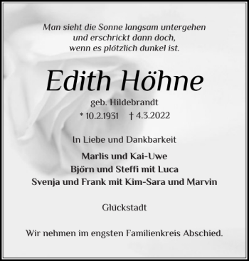 Traueranzeige von Edith Höhne von Norddeutsche Rundschau