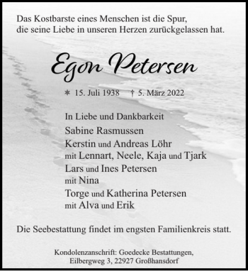 Traueranzeige von Eg Petersen von Stormarner Tageblatt