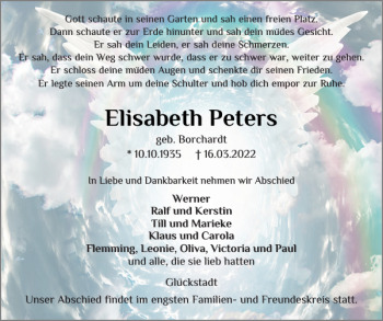 Traueranzeige von Elisabeth Peters von Norddeutsche Rundschau