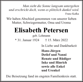 Traueranzeige von Elisabeth Petersen von Flensburger Tageblatt
