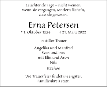 Traueranzeige von Erna Petersen von Norddeutsche Rundschau