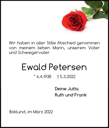 Traueranzeige von Ewald Petersen von Schleswiger Nachrichten