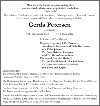 Traueranzeige von Gerda Petersen von Flensburger Tageblatt
