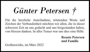 Traueranzeige von Günter Petersen von Flensburger Tageblatt