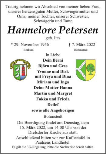 Traueranzeige von Hannelore Petersen von Husumer Nachrichten
