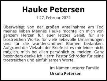 Traueranzeige von Hauke Petersen von Norddeutsche Rundschau