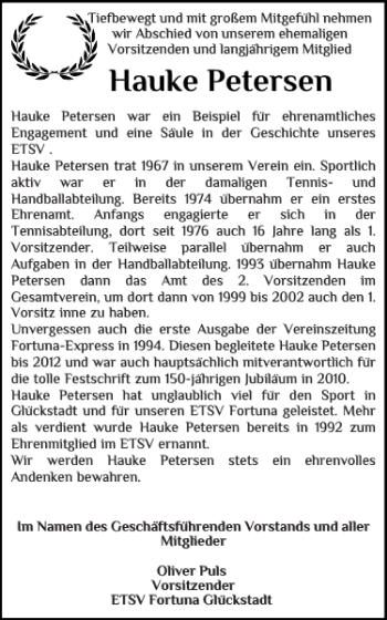 Traueranzeige von Hauke Petersen von Norddeutsche Rundschau