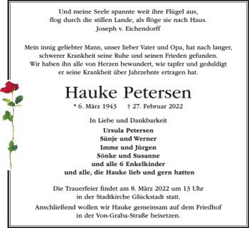 Traueranzeige von Hauke Petersen von Norddeutsche Rundschau