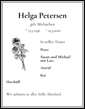 Traueranzeige von Helga Petersen von Nordfriesland Tageblatt