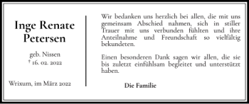 Traueranzeige von Inge Renate Petersen von Der Insel-Bote