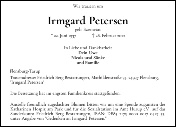Traueranzeige von Irmgard Petersen von Flensburger Tageblatt