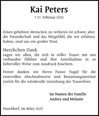 Traueranzeige von Kai Peters von Uetersener Nachrichten