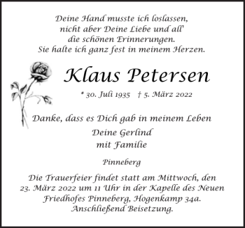 Traueranzeige von Klaus Petersen von Pinneberger Tageblatt