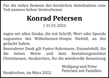 Traueranzeige von Konrad Petersen von Nordfriesland Tageblatt